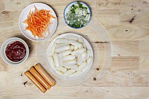 Top view raw ingredient for making Tteteokbokki Spicy Rice Cakes, Korean street food