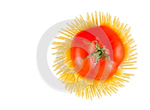 Top of view of raw pasta spaghetti with tomato inside on white background with space for text