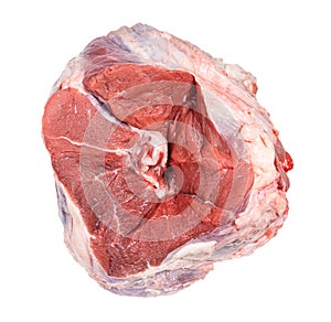 top view of raw piece of halal beef shank isolated