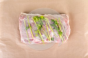 Top view of raw pork meat with parsley sticks on baking paper.