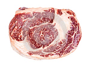 Top view of raw rib eye beef steak isolated