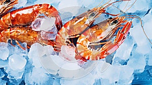Top view of raw whole king prawns on ice. Seafood background. Generative AI