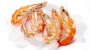 Top view of raw whole king prawns on ice. Seafood background. Generative AI