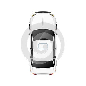 Top view of realistic glossy white casual car on white