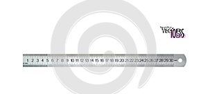 Top view realistic metal centimeters ruler, measuring tool isolated on white background. 30 sm, cm, meter instrument locksmiths or