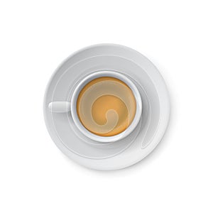 Top view of realistic white cup with coffee drink and saucer. Ceramic mug. Morning caffeine hot beverage serving