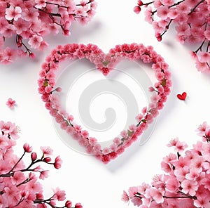 Top view red background with happy herat cherry blossom arrangement on blank paper with light background