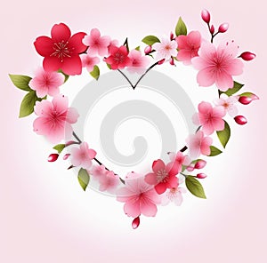 Top view red background with happy herat cherry blossom arrangement on blank paper with light background