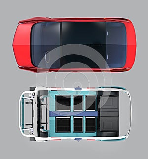 Top view of red car and car body frame isolated on gray background photo