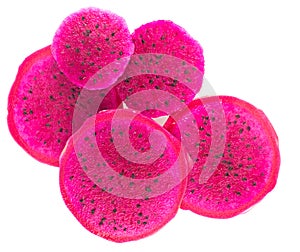 Top view of red dragon fruit on white background