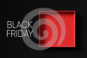 Top view of a red empty gift box on black background with the word black Friday