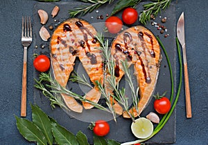 Top view of red fish salmon steak