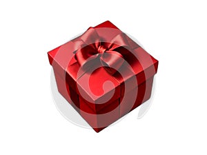 Top View of Red Gift Box Adorned with Red Ribbon on White Background