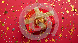 Top view red gift box, adorned with vibrant golden ribbon, surrounded by golden star-shaped confetti