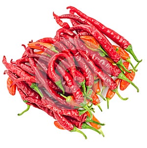 Top view of red hot chili peppers isolated on a white