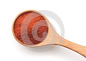 Top view of of red paprika powder in wooden spoon