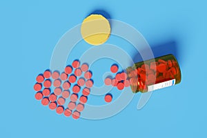 Top view of red pills spilling out of pill bottle forming a heart isolated on blue background. 3d illustration