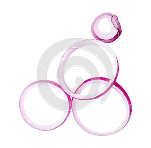 Top view of red or purple onion slices or onion rings in stack isolated on white background with clipping path