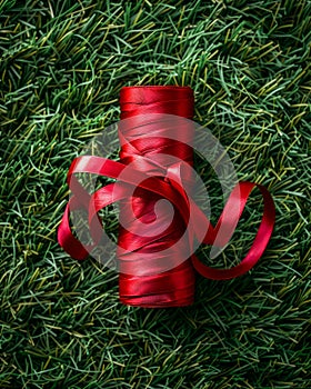 Top View of Red Ribbon Roll on Lush Green Grass Background Creative Concept for Eco Friendly Gift Wrapping and Festive