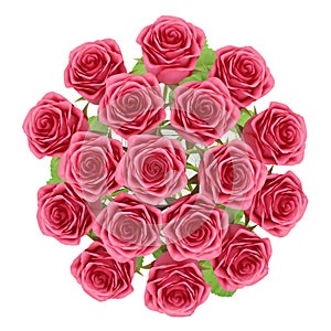 Top view of red roses in glass vase isolated on white