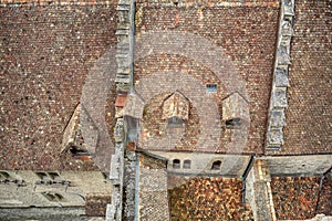 Top view of red tiles roof of chateau de chillon the beautiful castle in switzerland