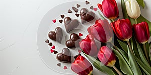 Top view of red tulips and chocolate heart shaped candies lying on light background.