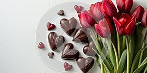 Top view of red tulips and chocolate heart shaped candies lying on light background.