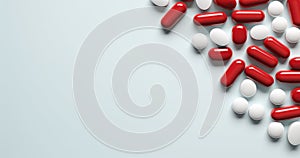 Top View Of Red And White Pills Pile. Capsules Heap, Pharmaceutical Science Concept. Medication Background with Copy