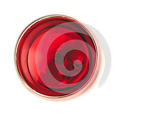 Top of view of red wine in the glass isolated