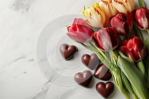 Top view of red and yellow tulips and chocolate heart shaped candies lying on light background.
