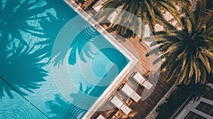 top view of a relaxation area with a swimming pool in a private villa with sun loungers for guests to sunbathe. vacation spot in a