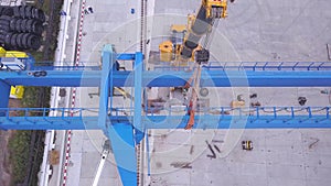 Top view of the repair gantry crane. Clip. Assembly of the crane on the construction site