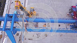 Top view of the repair gantry crane. Clip. Assembly of the crane on the construction site