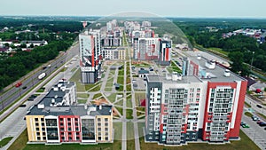 Top view of residential area complex with different. Drone flight over a new block of multi-apartment residential