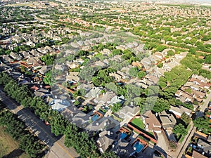 Top view residential neighborhood subdivision homes in Irving, T