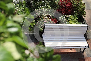 Top view of a rest bench standing near a flower bed