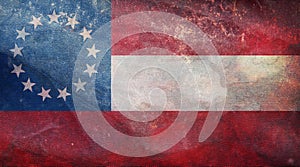 Top view of retro flag of the Confederate States of America 1861 1863 with grunge texture. Flag background