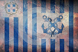 Top view of retro flag Hellenic Coast Guard House Greece with grunge texture. Greek patriot and travel concept. no flagpole. Plane