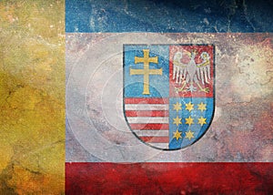 Top view of retro flag Holy Cross Voivodeship, wojewodztwo swietokrzyskie, Poland with grunge texture. Polish patriot and travel