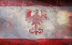 Top view of retro flag Osno Lubuskie, Poland with grunge texture. Polish patriot and travel concept. no flagpole. Plane design,