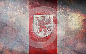 Top view of retro flag West Pomerania Voivodeship, wojewodztwo zachodniopomorskie, Poland with grunge texture. Polish patriot and