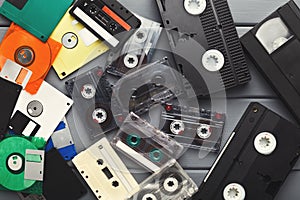 Top view on retro storage multimedia devices