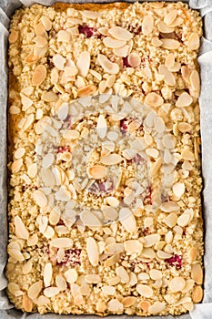 Top View of Rhubarb Crumble Cake in Baking Tray