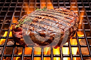 top view of a ribeye steak over intense grill flames