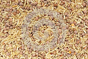Top view of rice and lentils dry food mix