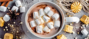 Top View Rich Hot Chocolate With Marshmallows Banner Background. Generative AI