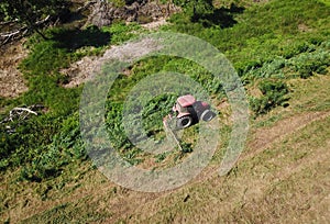 Top view of Road cutting machine, red tractor