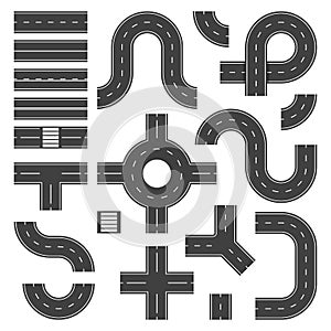 Top view road elements. Street junction and roads objects, asphalt city speedway. Traffic crossroad footpaths vector