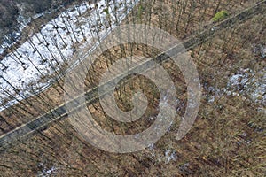 Top view of the road in the forest