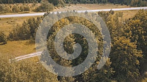 Top view of roads passing by river with trees in autumn. Clip. Beautiful autumn landscape with forest near muddy river